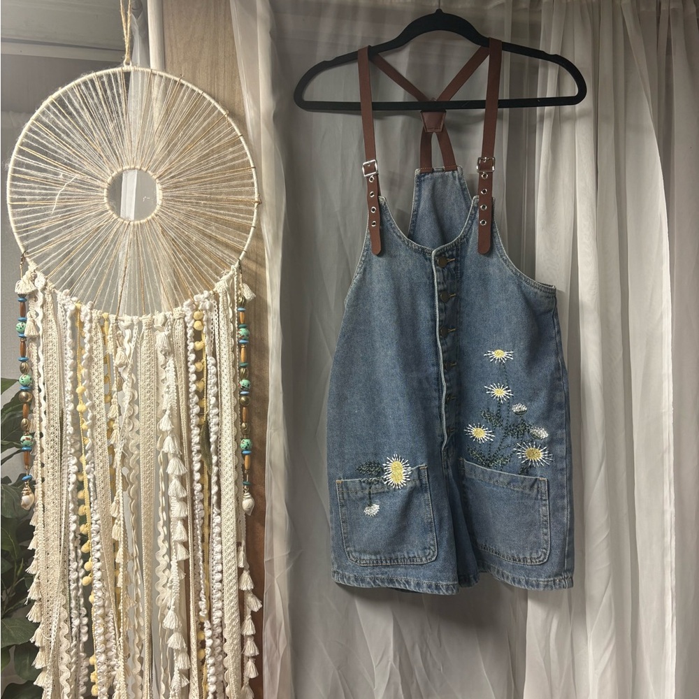 Romwe | Denim Embroidered Daisy Overalls with Brown Strap Details